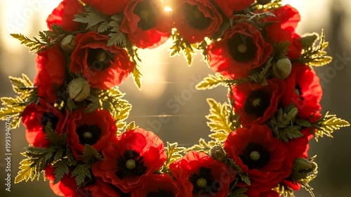 Stunning red poppy flower wreath glowing in warm golden sunset light.
