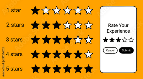 Vector graphic illustration showing various star ratings from one to five stars with a user interface element for rating an experience on a phone.