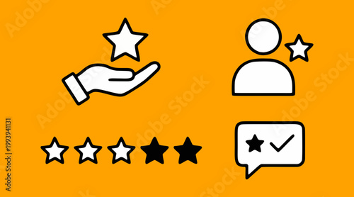 Vector illustration set of customer review and rating icons demonstrating user satisfaction and feedback process graphic design.