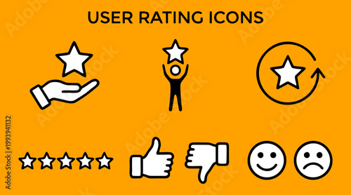 Professional vector icon set featuring various user rating symbols including stars thumbs up and emotional faces for digital interface design