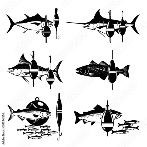 Fishing Icons: Marlin, Tuna, Salmon, Sardines, Floats