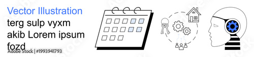 Productivity planning, automation, smart home, artificial intelligence, innovation, digital tools. Icon set of a calendar, gears house person head with a cog. Planning and automation