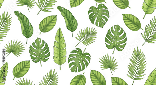 Tropical green leaves seamless pattern vector, exotic monstera and palm leaf background, botanical foliage wallpaper for summer textile design