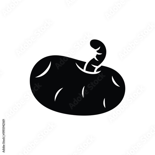 A black silhouette of an apple with a worm emerging from it