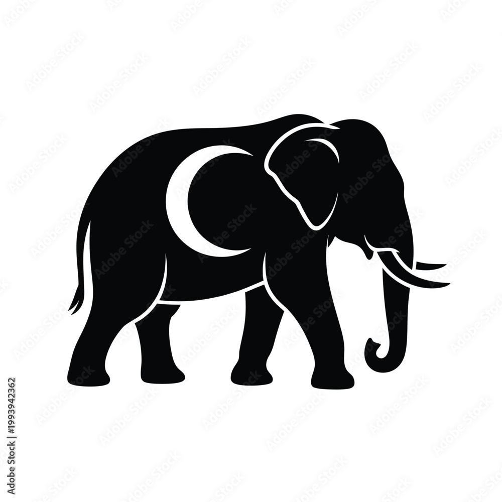 Fototapeta premium Stylized black silhouette of an elephant with a crescent moon