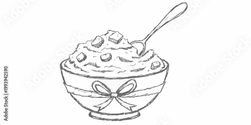 Mashed potatoes in a ceramic bowl with melting butter and a decorative ribbon, presented in a detailed close-up studio shot.