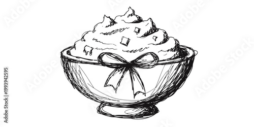 Bowl of mashed potatoes with melted butter and a decorative ribbon, close-up detail and realistic food illustration.