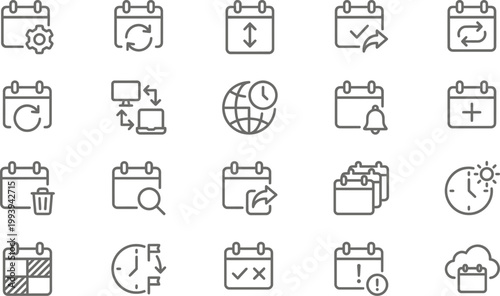 A set of thin line icons representing various calendar and time management functions for digital planning interfaces