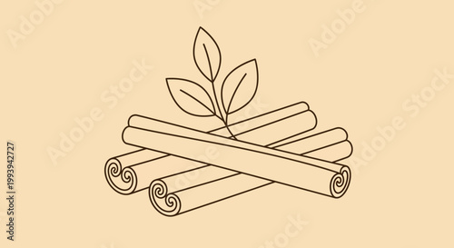 Cinnamon sticks and leaves illustration on cream background