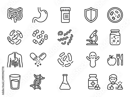 Vector illustration of probiotics and gut health line icons set