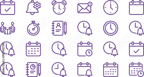 A collection of purple outline icons depicting various concepts related to time management and organizational planning tasks