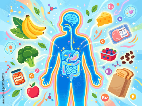Vector illustration of the human body's digestive system and a healthy food nutrition infographic
