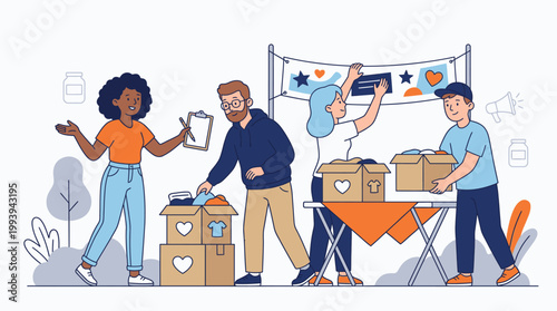 Diverse Group of Young People Engaging in Charity Work and Packing Boxes with Love Symbols