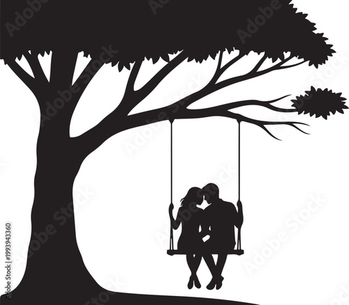 Romantic couple silhouette, loving pair on swing, tree love scene, black vector icon