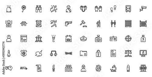 Crime investigation icon set. Police and detective vector symbols. Includes siren, handcuffs, fingerprints, evidence, gun, suspect and more. Editable line icons.