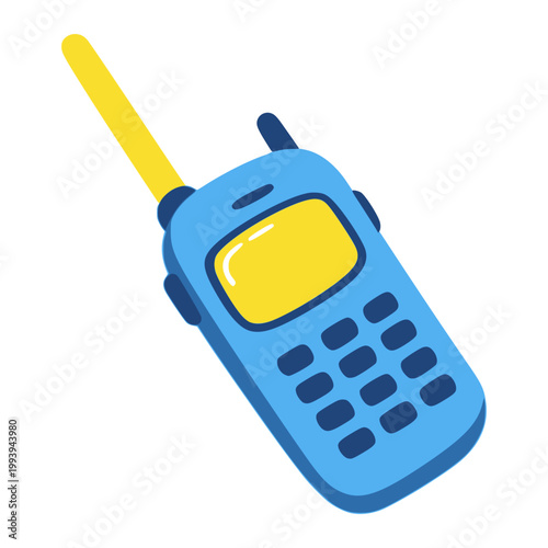 blue portable walkie talkie with screen and button communication coordination teamwork flat color vector illustration template design