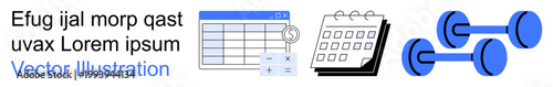 Fitness tracking, scheduling apps, workout routines, time management, data organization, health journey. Spreadsheet, calendar and dumbbells . Fitness tracking and scheduling apps concept