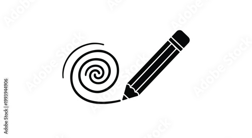 Minimalist pencil icon drawing spiral line, black and white creative sketching vector, artistic stationery tool for design and education branding