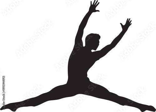Dynamic dancer silhouette, jumping figure, black vector icon, athletic pose, dance illustration