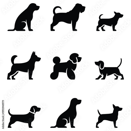 Collection of nine black dog silhouettes in various poses