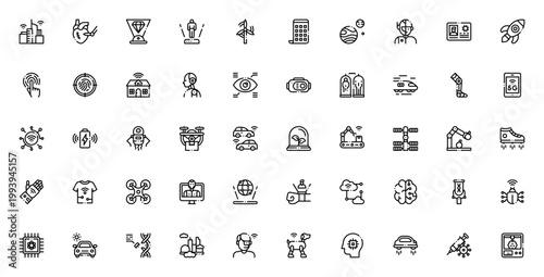 Futuristic technology icon set. Vector collection featuring smart city, hologram, robot, AI, drone, VR, quantum computing, autonomous car and more. Editable line icons.