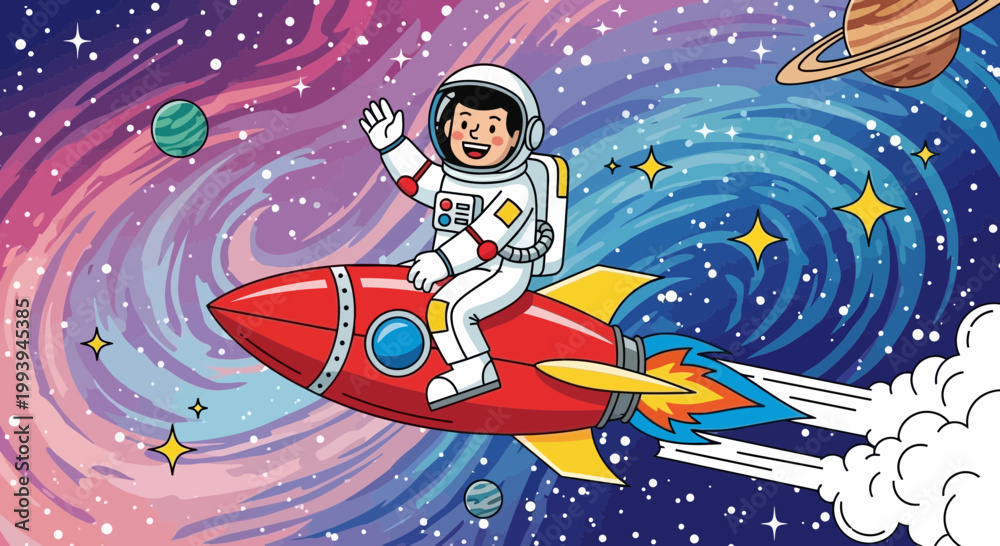 Fototapeta premium Astronaut in spacesuit rides rocket through colorful galaxy with planets