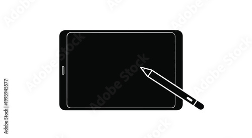 Minimalist digital tablet vector icon, black electronic drawing pad with stylus pen, modern touchscreen device silhouette for graphic design
