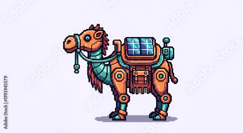 Futuristic Cybernetic Camel Robot with Solar Panels Pixel Art Sprite