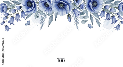 Elegant floral watercolor arrangement with blue flowers and delicate foliage