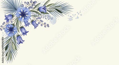 Elegant floral watercolor arrangement with blue flowers and green leaves