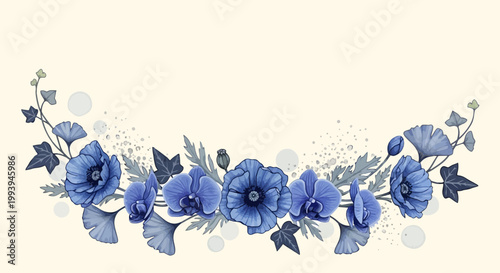 Elegant floral watercolor arrangement with blue flowers and green leaves