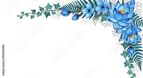 Elegant floral watercolor arrangement with blue flowers and green leaves