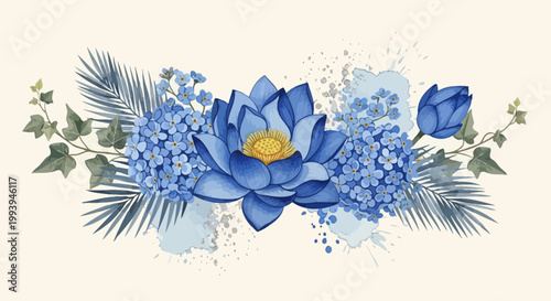Elegant watercolor floral arrangement featuring lotus hydrangea and leaves