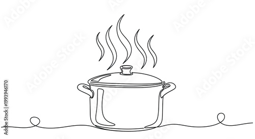 Minimalist continuous line drawing of a steaming cooking pot on a white background perfect for kitchen decor or recipe illustrations