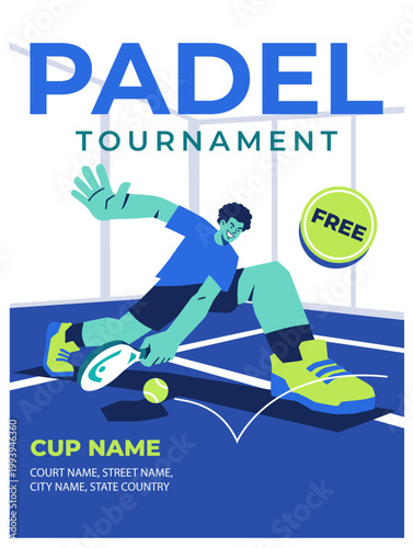 Modern flat vector illustration of a padel player hitting a ball on a court, designed as a promotional poster for a sports tournament or padel club event with blue and green palette.