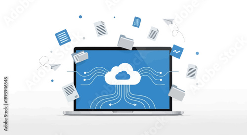Conceptual illustration of cloud computing, data storage, and digital information transfer on a laptop screen