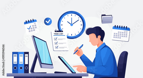 Man working on a computer with a clock and calendar, symbolizing time management and productivity