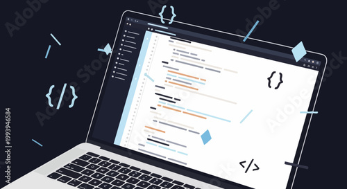 Close-up of a laptop displaying code with digital brackets and abstract shapes against a dark blue background
