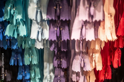 Stockholm, Sweden An array of zippers in a textile shop.