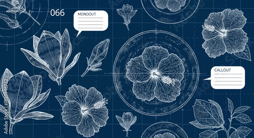 Floral blueprint illustration with various blossoms and callout elements