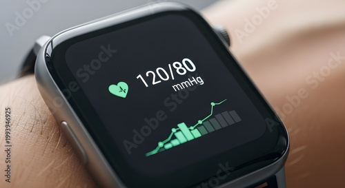 A person wearing a modern, sleek smartwatch on their wrist, displaying a healthy blood pressure reading on the screen, macro shot, shallow depth of field.