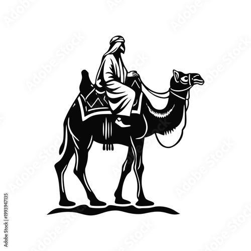 Black and white illustration of a desert explorer riding a camel in traditional Middle Eastern clothing, vintage vector style desert explorer