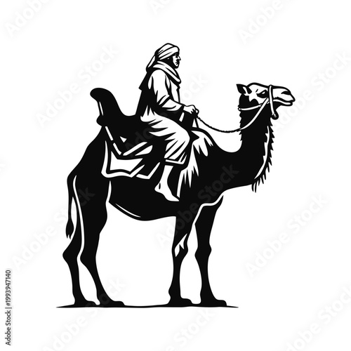 Black and white illustration of a desert explorer riding a camel in traditional Middle Eastern clothing, vintage vector style desert explorer