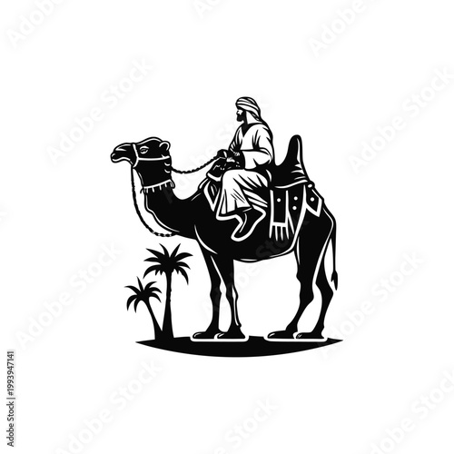 Black and white illustration of a desert explorer riding a camel in traditional Middle Eastern clothing, vintage vector style desert explorer
