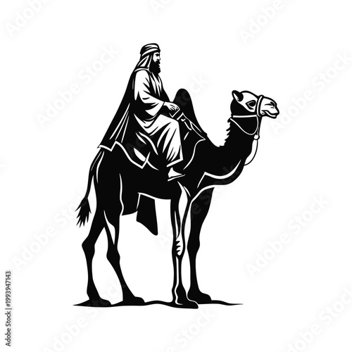Black and white illustration of a desert explorer riding a camel in traditional Middle Eastern clothing, vintage vector style desert explorer
