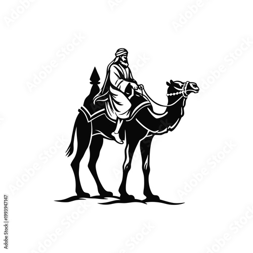Black and white illustration of a desert explorer riding a camel in traditional Middle Eastern clothing, vintage vector style desert explorer