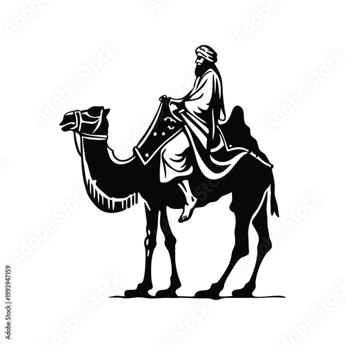 Black and white illustration of a desert explorer riding a camel in traditional Middle Eastern clothing, vintage vector style desert explorer