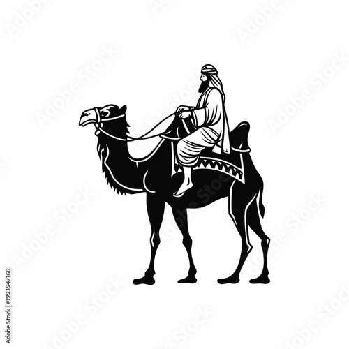 Black and white illustration of a desert explorer riding a camel in traditional Middle Eastern clothing, vintage vector style desert explorer