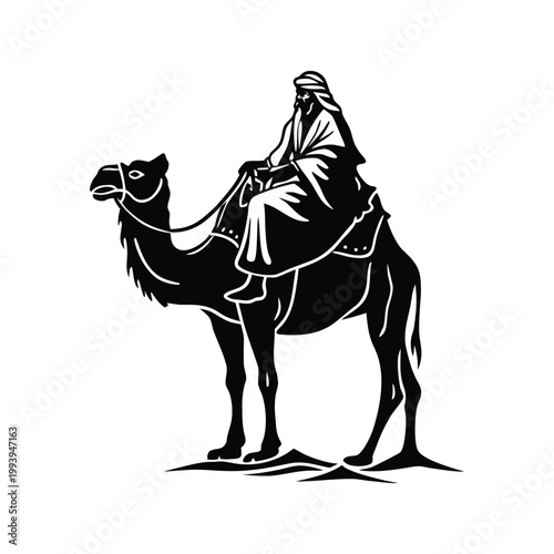 Black and white illustration of a desert explorer riding a camel in traditional Middle Eastern clothing, vintage vector style desert explorer