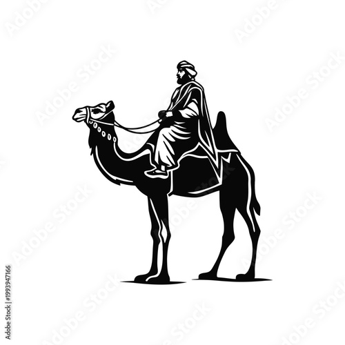 Black and white illustration of a desert explorer riding a camel in traditional Middle Eastern clothing, vintage vector style desert explorer